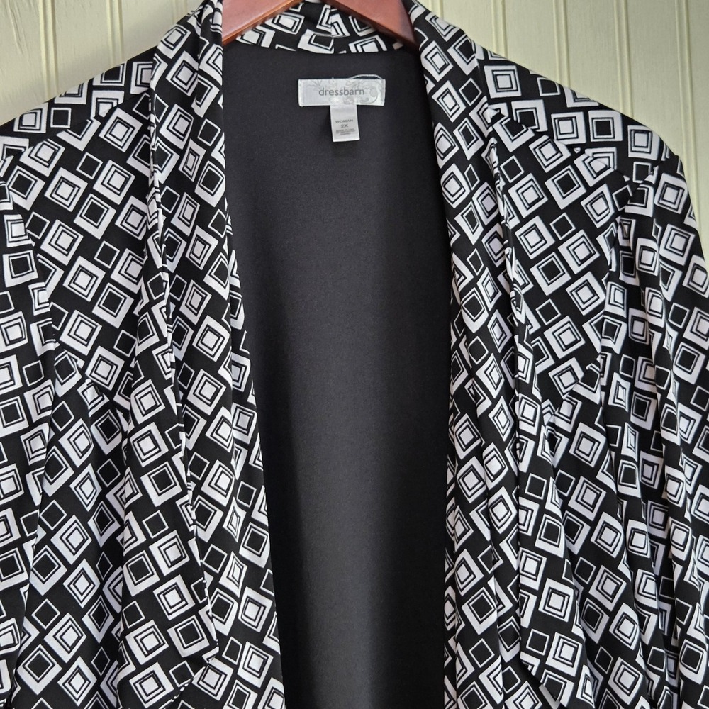 Dressbarn Blazer Womens Plus 2X Black White Geometric Knit Open Front 3/4 Sleeve